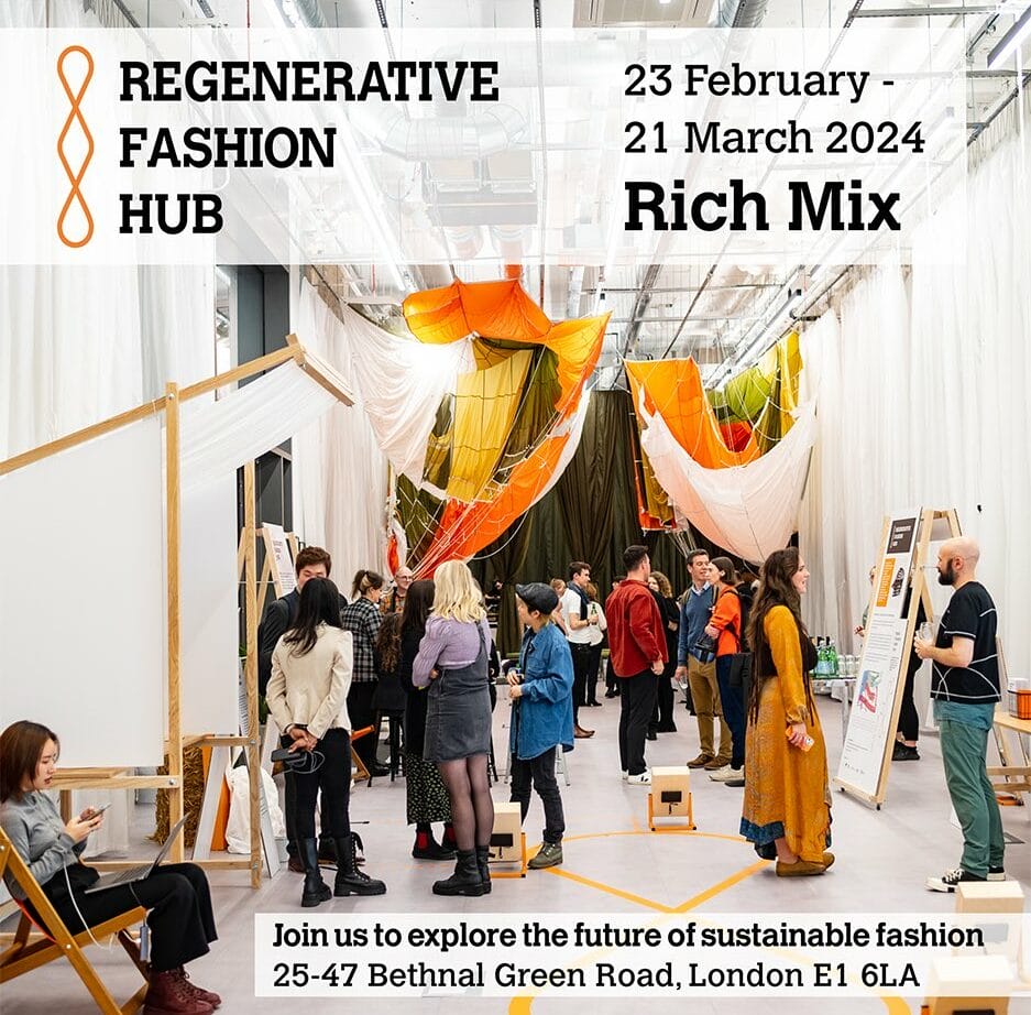 Regenerative Fashion Hub 2024 exhibition announcement showing visitors among textile displays.