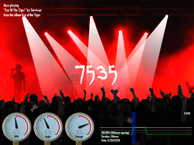 Headbang Hero gameplay screen with score, gauges and an analysis graph