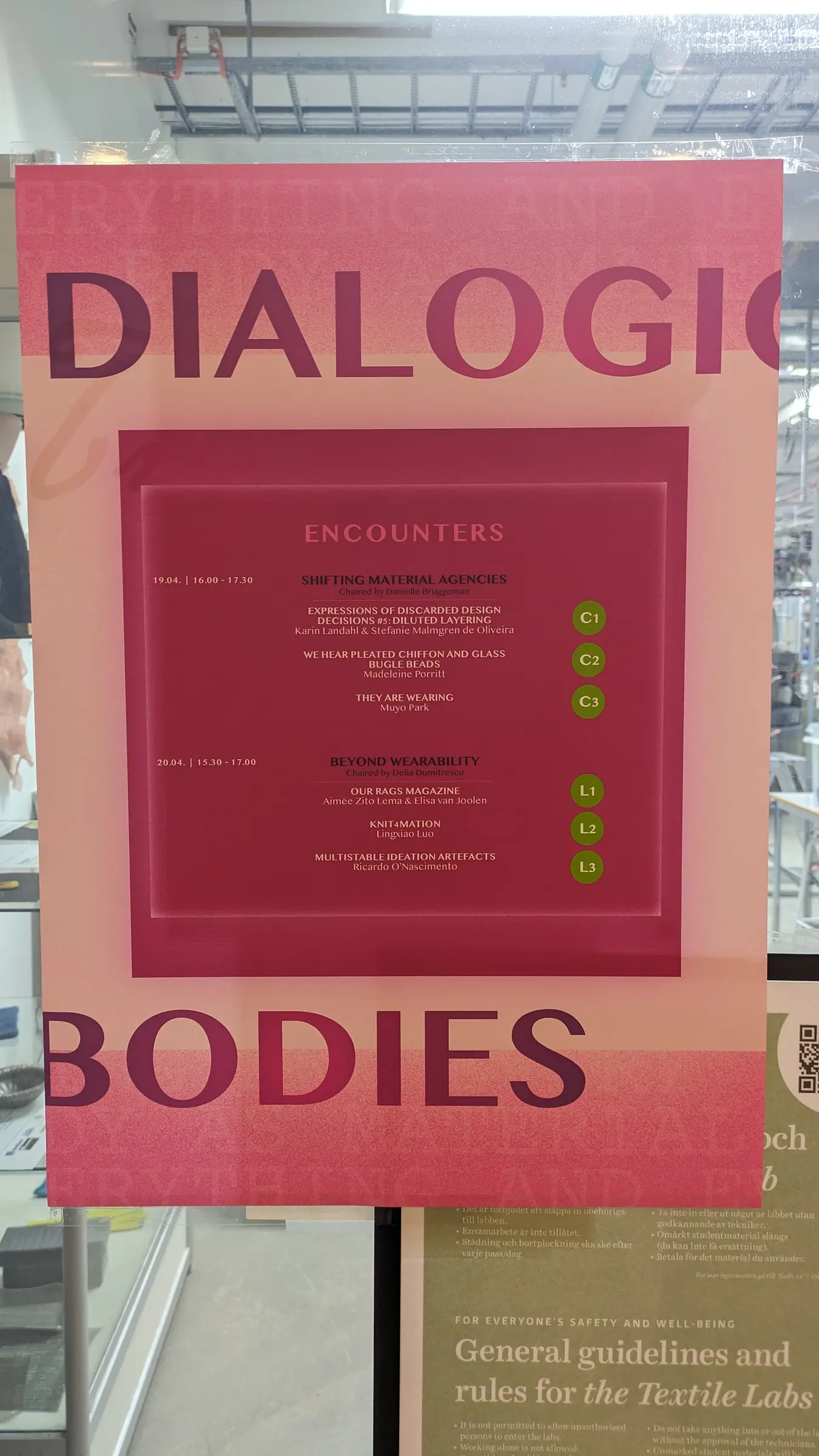 Dialogical Bodies exhibition signage listing Multistable Ideation Artefacts