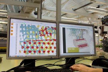 Two computer screens showing pattern studies and a digital model during the development of TK 730