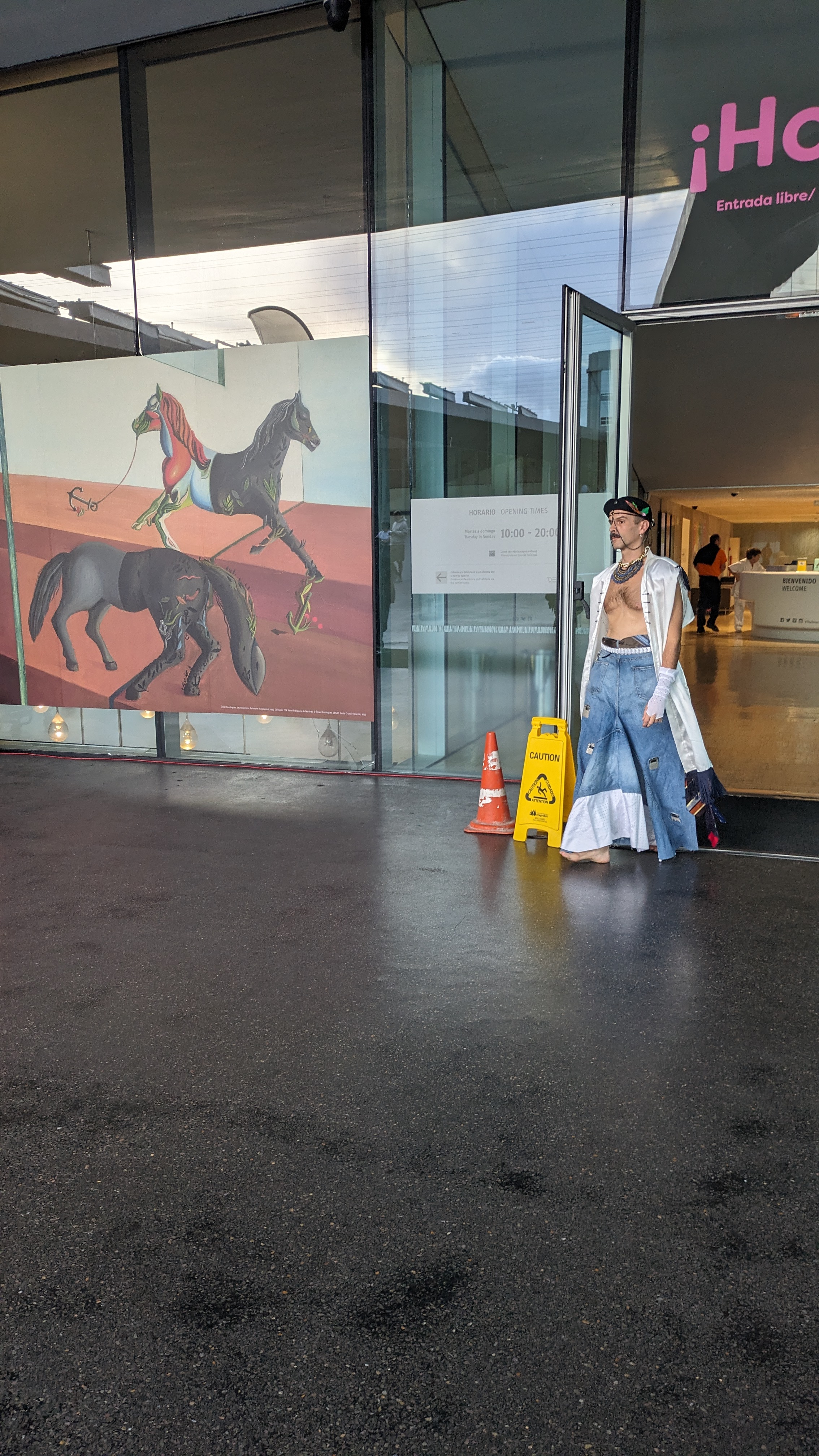 Javier Arozena wearing the completed Upcycling 2.0 costume at TEA Tenerife Espacio de las Artes